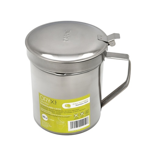 [5027150] Grasera Acero Inoxidable Para Carne, Aceitera Aceite Usado 0,5 lts. Con Colador y Tapa, Recipiente Reciclaje Aceite Usado Carne