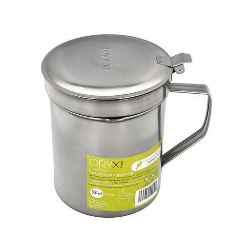 [5027155] Grasera Acero Inoxidable Para Pescado Aceitera Aceite Usado 0,5 L. Con Colador y Tapa, Recipiente Reciclaje Aceite Usado Pescado