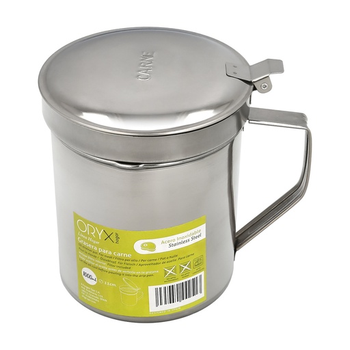 [5027160] Grasera Acero Inoxidable Para Carne, Aceitera Aceite Usado 1,0 Lts. Con Colador y Tapa, Recipiente Reciclaje Aceite Usado Carne