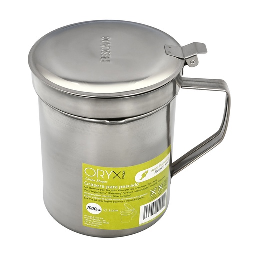 [5027165] Grasera Acero Inoxidable Para Pescado Aceitera Aceite Usado 1,0 L. Con Colador y Tapa, Recipiente Reciclaje Aceite Usado Pescado