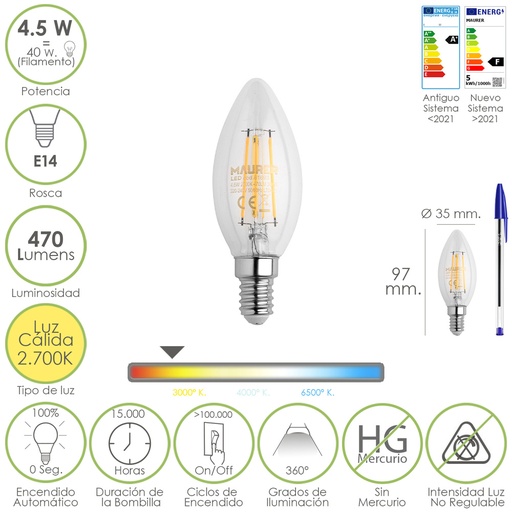 [19073005] Bombilla Led Filamento Vela Rosca E14. 4,5 Watt. Equivale A 40 Watt. 470 Lumenes. Luz Cálida (2700º K.)