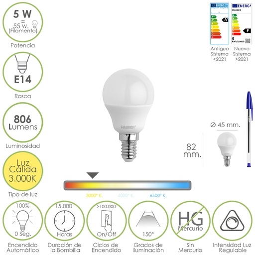 [19073025] Bombilla Led Esferica Rosca E14. 5 Watt. Equivale A 55 Watt. 806 Lumenes. Regulable Luz Cálida (3000º K.)
