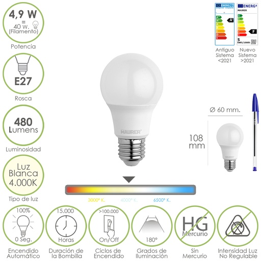 [19073045] Bombilla Led Estandar Rosca E27. 4.9 Watt. Equivale A 40 Watt. 480 Lumenes. Luz Blanca (4000º K.)