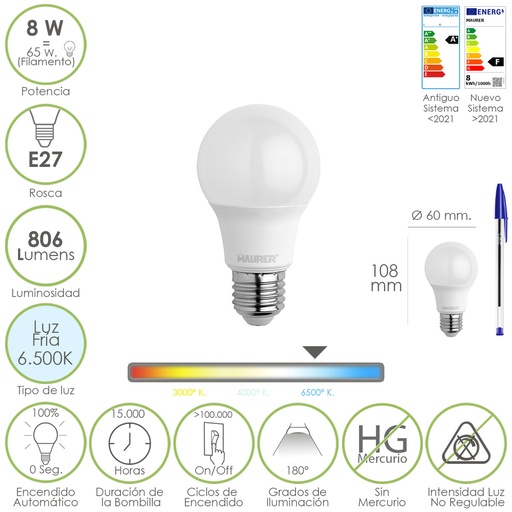 [19073060] Bombilla Led Estandar Rosca E27. 8 Watt. Equivale A 65 Watt. 806 Lumenes. Luz Fría (6500º K.)