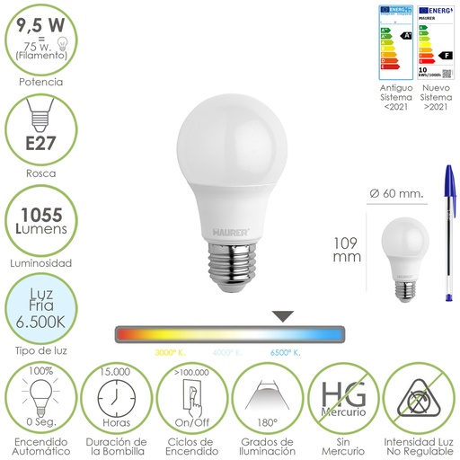 [19073075] Bombilla Led Estandar Rosca E27. 9.5 Watt. Equivale A 75 Watt. 1055 Lumenes. Luz Fría (6500º K.)