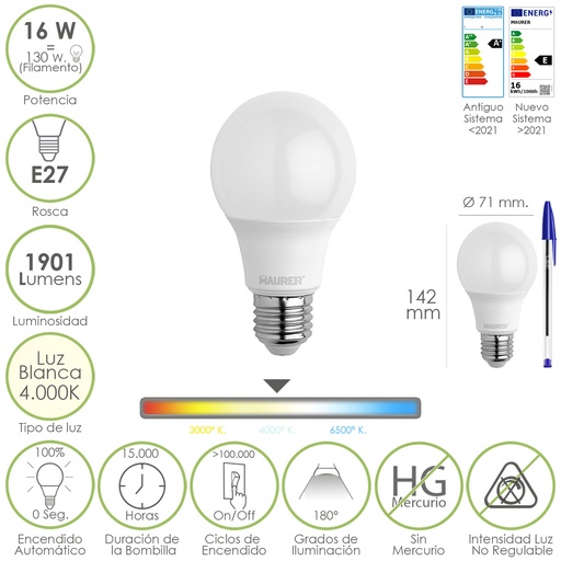 [19073100] Bombilla Led Estandar Rosca E27. 16 Watt. Equivale A 130 Watt. 1901 Lumenes. Luz Blanca 4000º K.)