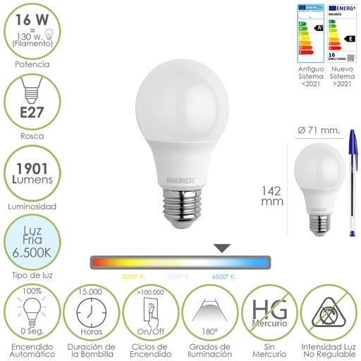 [19073105] Bombilla Led Estandar Rosca E27. 16 Watt. Equivale A 130 Watt. 1901 Lumenes. Luz Fría 6500º K.)