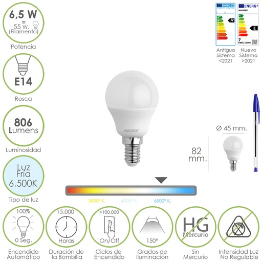 [19073155] Bombilla Led Esfera Rosca E14. 6.5 Watt. Equivale A 55 Watt. 806 Lumenes. Luz Fría 6500º K.