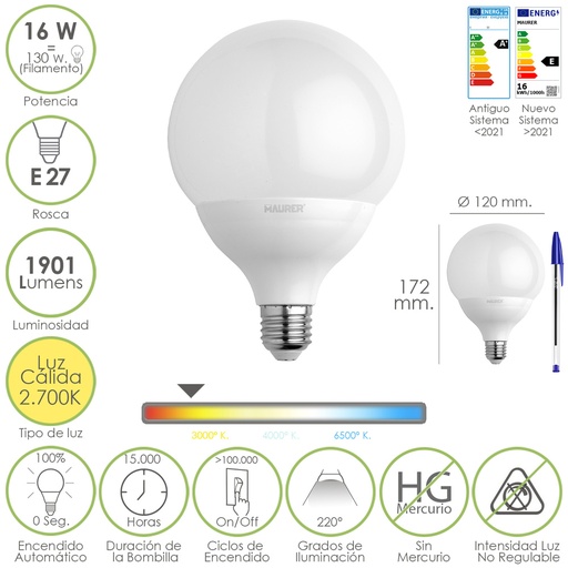 [19073180] Bombilla Led Globo Rosca E27. 16 Watt. Equivale A 130 Watt. 1901 Lumenes. Luz Cálida (2700º K.)