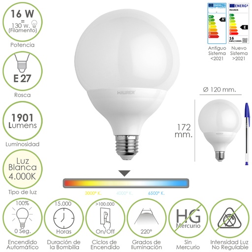 [19073185] Bombilla Led Globo Rosca E27. 16 Watt. Equivale A 130 Watt. 1901 Lumenes. Luz Blanca (4000º K.)