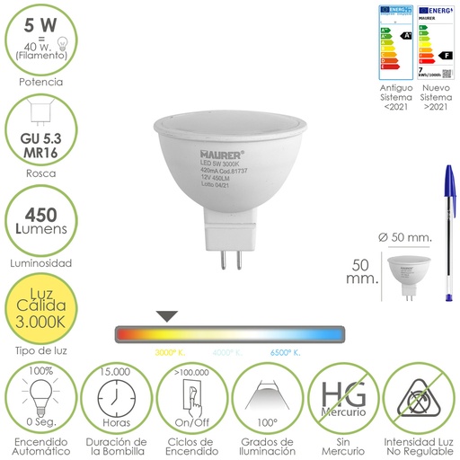 [19073195] Bombilla Led Dicroica Rosca GU 5.3 / MR16. 5 Watt. Equivale A 40 Watt. 405 Lumenes. Luz Cálida (3000º K.)
