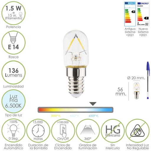 [19073245] Bombilla Led Frigorifico Rosca E14. 1.5 Watt. Equivale A 15 Watt. 136 Lumenes. Luz Fria (6500º K.)