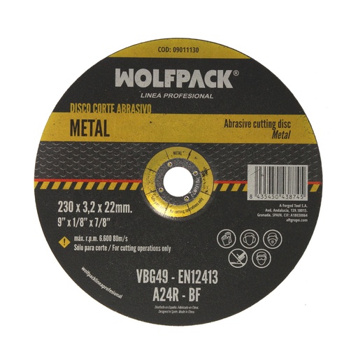 [9011130] Disco Corte Abrasivo Metal Ø 230 x Ø 22 mm. Espesor 3,2 mm.Disco Radial / Amoladora Universal