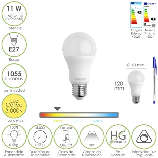 [19073035] Bombilla Led Estandar Rosca E27. 11 Watt. Equivale A 90 Watt. 1055 Lumenes. Luz Calida (3000º K.) Dimerable