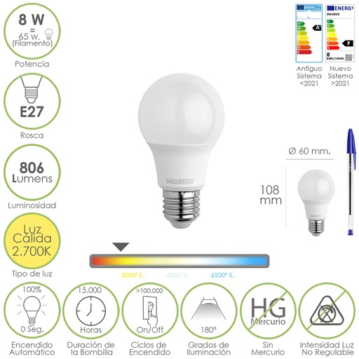 [19073050] Bombilla Led Estandar Rosca E27. 8 Watt. Equivale A 65 Watt. 806 Lumenes. Luz Calida (2700º K.)