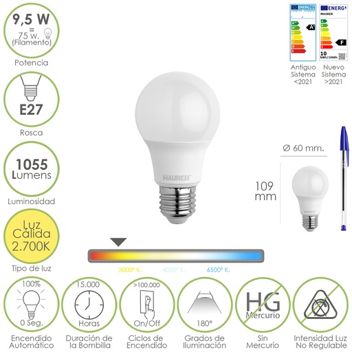 [19073065] Bombilla Led Estandar Rosca E27. 9.5 Watt. Equivale A 75 Watt. 1055 Lumenes. Luz Cálida (2700º K)