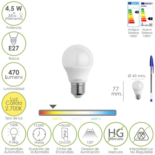 [19073135] Bombilla Led Esferica Rosca E27 4.5 Watt. Equivale A 55 Watt. 470 Lumenes. Luz Cálida (2700º K.)