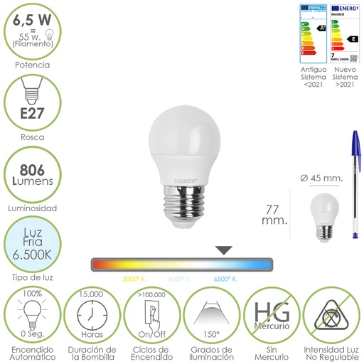[19073165] Bombilla Led Esfera Rosca E27. 6.5 Watt. Equivale A 55 Watt. 806 Lumenes. Luz Fría 6500º K.