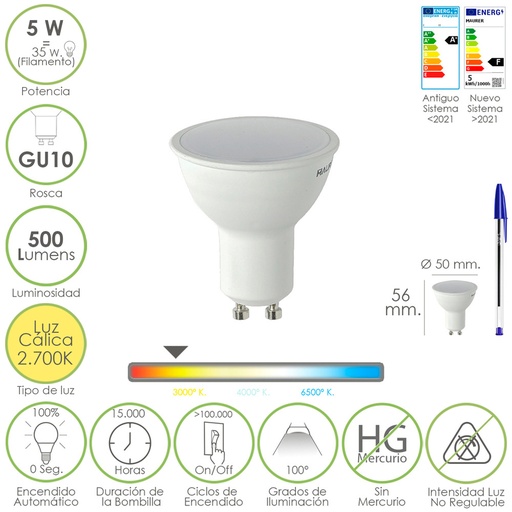 [19073200] Bombilla Led Dicroica Rosca GU10. 5 Watt. Equivale A 30 Watt. 500 Lumenes. Luz Cálida (2700º K)