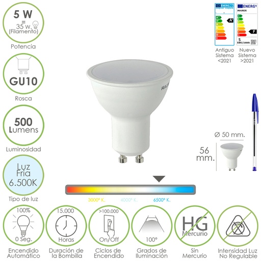 [19073205] Bombilla Led Dicroica Rosca GU10. 5 Watt. Equivale A 30 Watt. 500 Lumenes. Luz Fria (6500º K.)