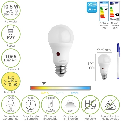 [19073225] Bombilla Led Esfera Con Sensor Crepuscular. Rosca E27. 10.5 Watt. Equivale A 90 Watt. 1055 Lumenes. Luz Calida 3000º K.