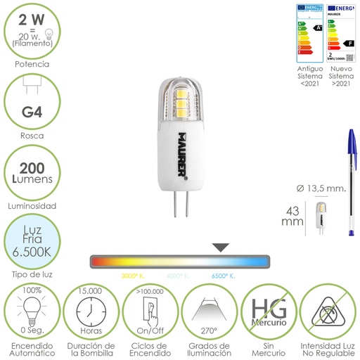 [19073235] Bombilla Led Dicroica Rosca G4. 2 Watt. Equivale A 20 Watt. 200 Lumenes. Luz Fria (6500º K)