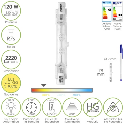[19073250] Bombilla Halogena Para Focos Rosca R7S. 120 Watt. 2220 Lumenes. Luz Cálida (2850º K)