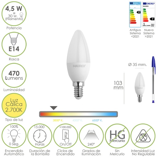 [19073190] Bombilla Led Vela Rosca E14. 4,5 Watt. Equivale A 35 Watt. 470 Lumenes. Luz Cálida (2700º K)