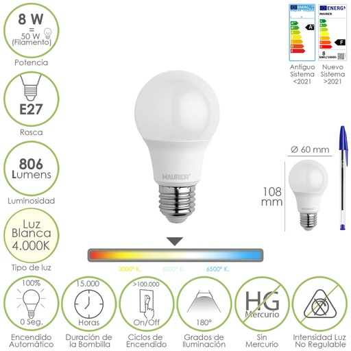 [19073055] Bombilla Led Estandar Rosca E27. 8 Watt. Equivale A 65 Watt. 806 Lumenes. Luz Neutra (4000º K.)