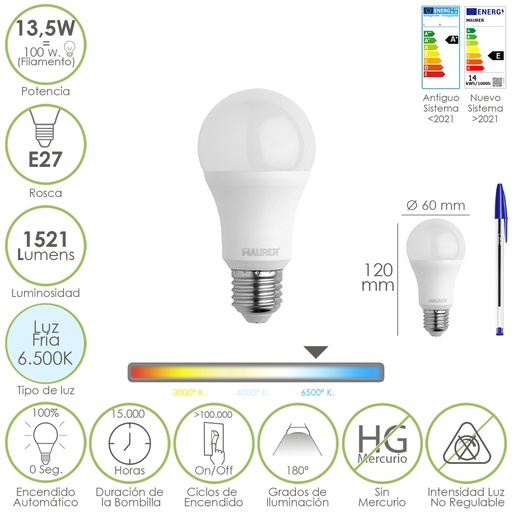 [19073090] Bombilla Led Estandar Rosca E27. 13,5 Watt. Equivale A 100 Watt. 1521 Lumenes. Luz Fría (6500º K.)