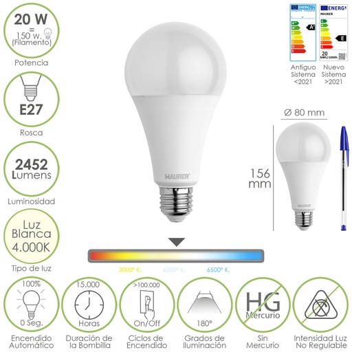 [19073110] Bombilla Led Estandar Rosca E27. 20  Watt. Equivale A 150 Watt. 2452 Lumenes. Luz Neutra (4000º K.)