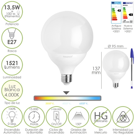 [19073175] Bombilla Led Esfera Globo E27. 13,5 Watt. Equivale A 100 Watt. 1521 Lumenes. Luz Neutra 4000º K.