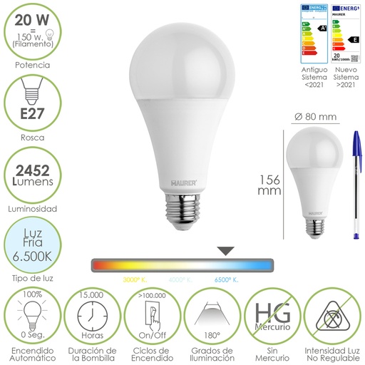 [19073111] Bombilla Led Estandar Rosca E27. 20  Watt. Equivale A 150 Watt. 2452 Lumenes. Luz Fria (6500º K.)