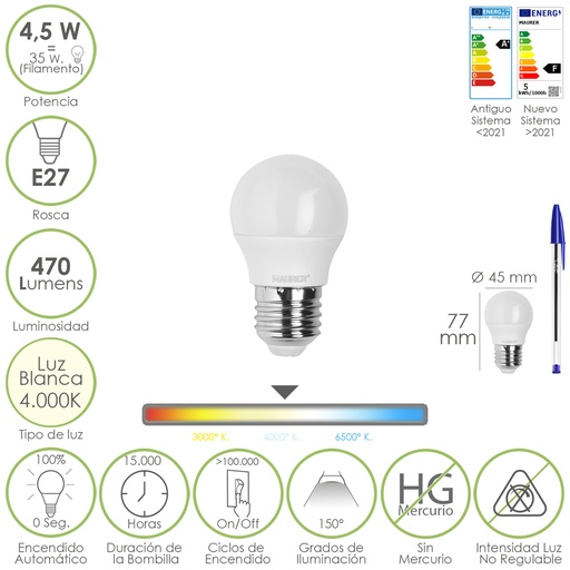 [19073136] Bombilla Led Esferica Rosca E27 4.5 Watt. Equivale A 55 Watt. 470 Lumenes. Luz Neutra (4000º K)