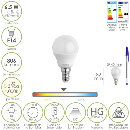 [19073151] Bombilla Led Esfera Rosca E14. 6.5 Watt. Equivale A 50 Watt. 806 Lumenes. Luz Neutra 4000º K.