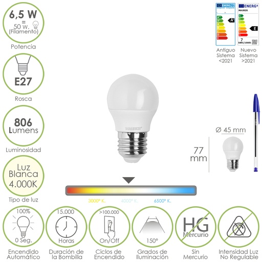 [19073161] Bombilla Led Esfera Rosca E27. 6.5 Watt. Equivale A 50 Watt. 806 Lumenes. Luz Neutra 4000º K.