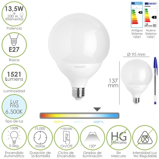 [19073176] Bombilla Led Esfera Globo E27. 13,5 Watt. Equivale A 100 Watt. 1521 Lumenes. Luz Fria 6500º K.