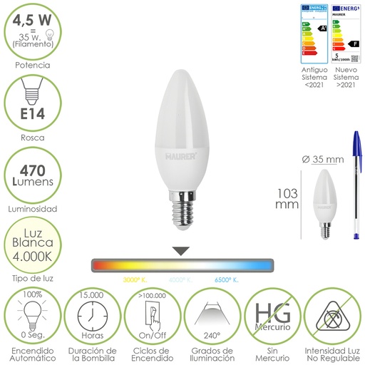 [19073191] Bombilla Led Vela Rosca E14. 4,5 Watt. Equivale A 35 Watt. 470 Lumenes. Luz Neutra (4000º K.)