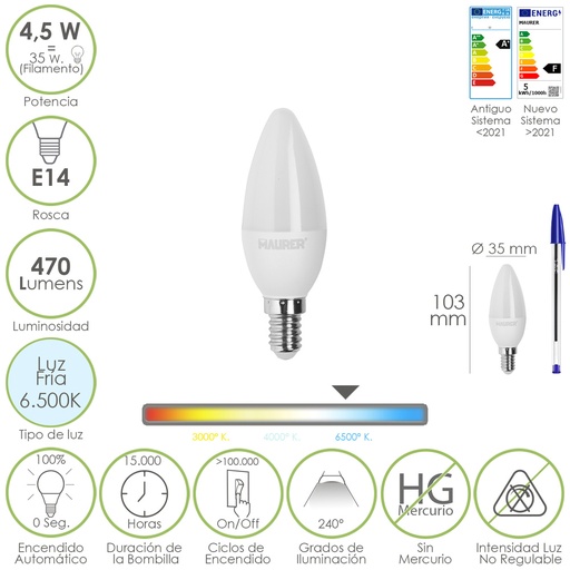 [19073192] Bombilla Led Vela Rosca E14. 4,5 Watt. Equivale A 35 Watt. 470 Lumenes. Luz Fira (6500º K.)