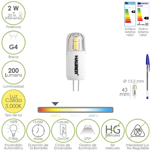 [19073234] Bombilla Led Dicroica Rosca G4. 2 Watt. Equivale A 20 Watt. 200 Lumenes. Luz Calida (3000º K.)