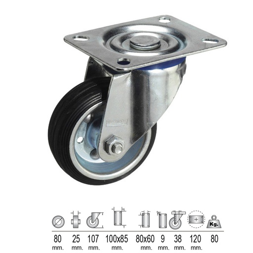[11110300] Rueda Industrial Goma Negra Placa   80 mm.