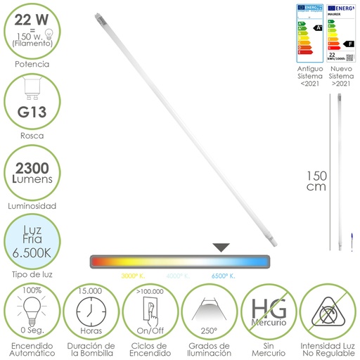 [19073220] Tubo Led T8 150 cm. 22 Watt. Equivale A 150 Watt. 2300 Lumenes. Luz Fria 6500º K.