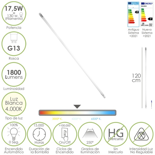 [19073214] Tubo Led T8 120 cm.17,5 Watt. Equivale A 130 Watt. 1800 Lumenes. Luz Neutra 4000º K.