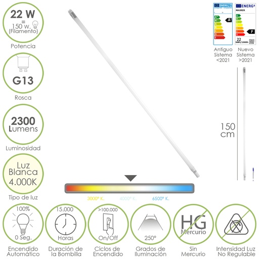 [19073219] Tubo Led T8 150 cm. 22 Watt. Equivale A 150 Watt. 2300 Lumenes. Luz Neutra 4000º K.