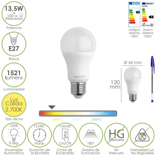 [19073080] Bombilla Led Estandar Rosca E27. 13,5 Watt. Equivale A 100 Watt. 1521 Lumenes. Luz Calida (3000º K.)