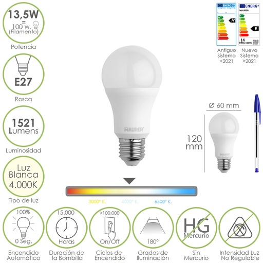 [19073085] Bombilla Led Estandar Rosca E27. 13,5 Watt. Equivale A 100 Watt. 1521 Lumenes. Luz Neutra (4000º K.)