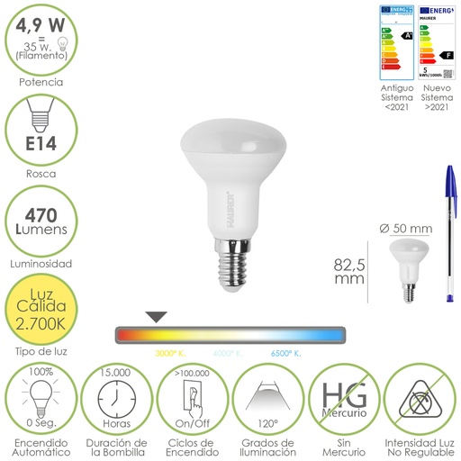 [19073115] Bombilla Led Reflectante Rosca E14. 4,9 Watt. Equivale A 35 Watt. 470 Lumenes. Luz Cálida (3000º K.)