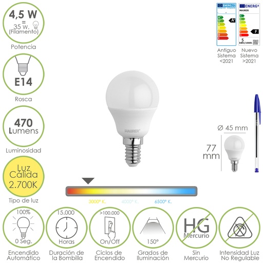 [19073130] Bombilla Led Esferica Rosca E14 4.5 Watt. Equivale A 35 Watt. 470 Lumenes. Luz Cálida (00º K)