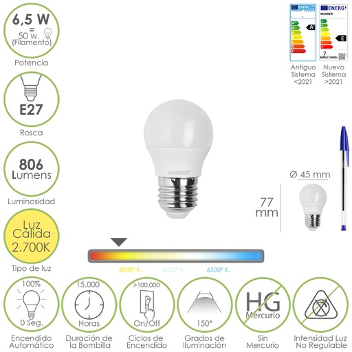 [19073160] Bombilla Led Esfera Rosca E27. 6.5 Watt. Equivale A 50 Watt. 806 Lumenes. Luz Calida 3000º K.