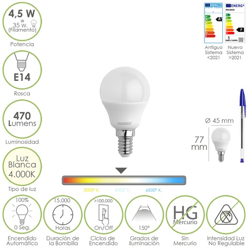 [19073131] Bombilla Led Esferica Rosca E14 4.5 Watt. Equivale A 35 Watt. 470 Lumenes. Luz Neutra (4000º K)